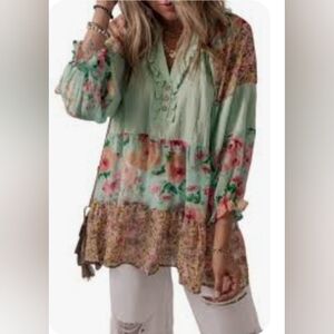 Oversized Floral Tiered Boho Tunic/ Short Mini Dress EUC
